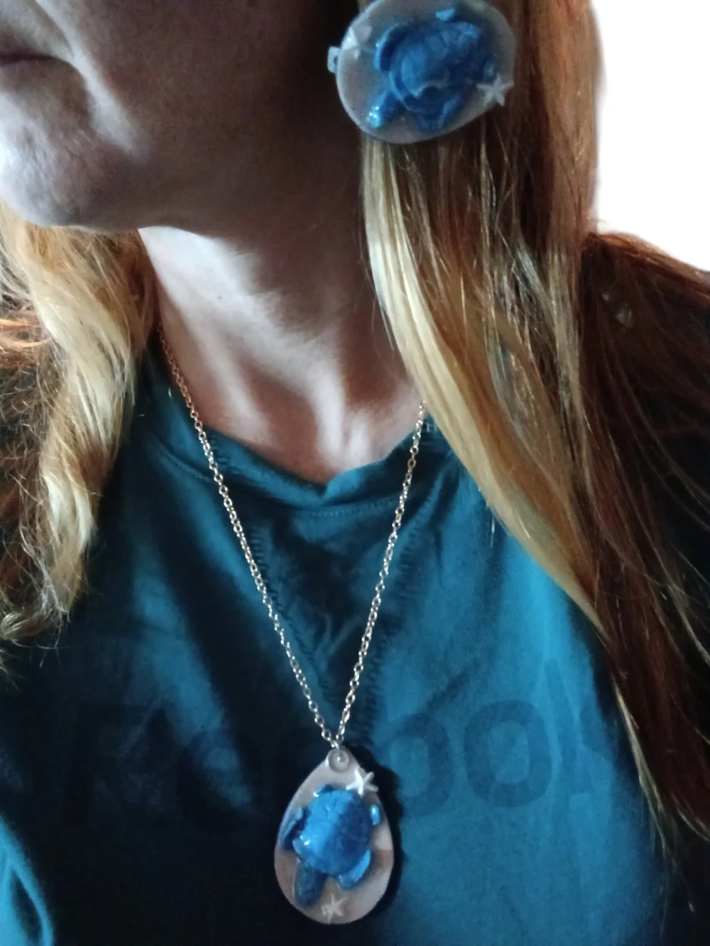 Handmade Sea Turtle Pendant Necklace and Matching Barrette Set